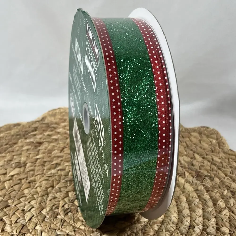 Kirkland Wire-Edged Ribbon Red Polka Dot & Green Glitter Ribbon 1.5